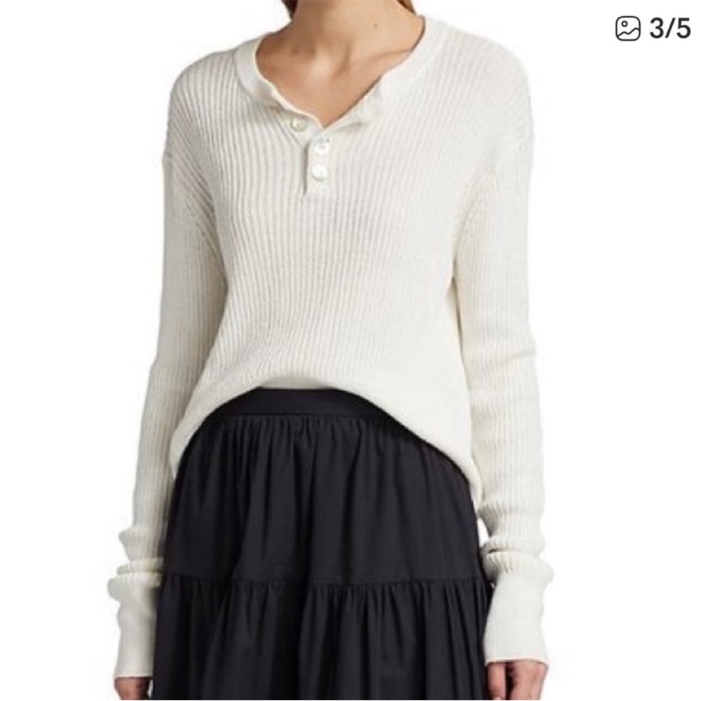 STAUD Cream Ribbed Henley Sweater